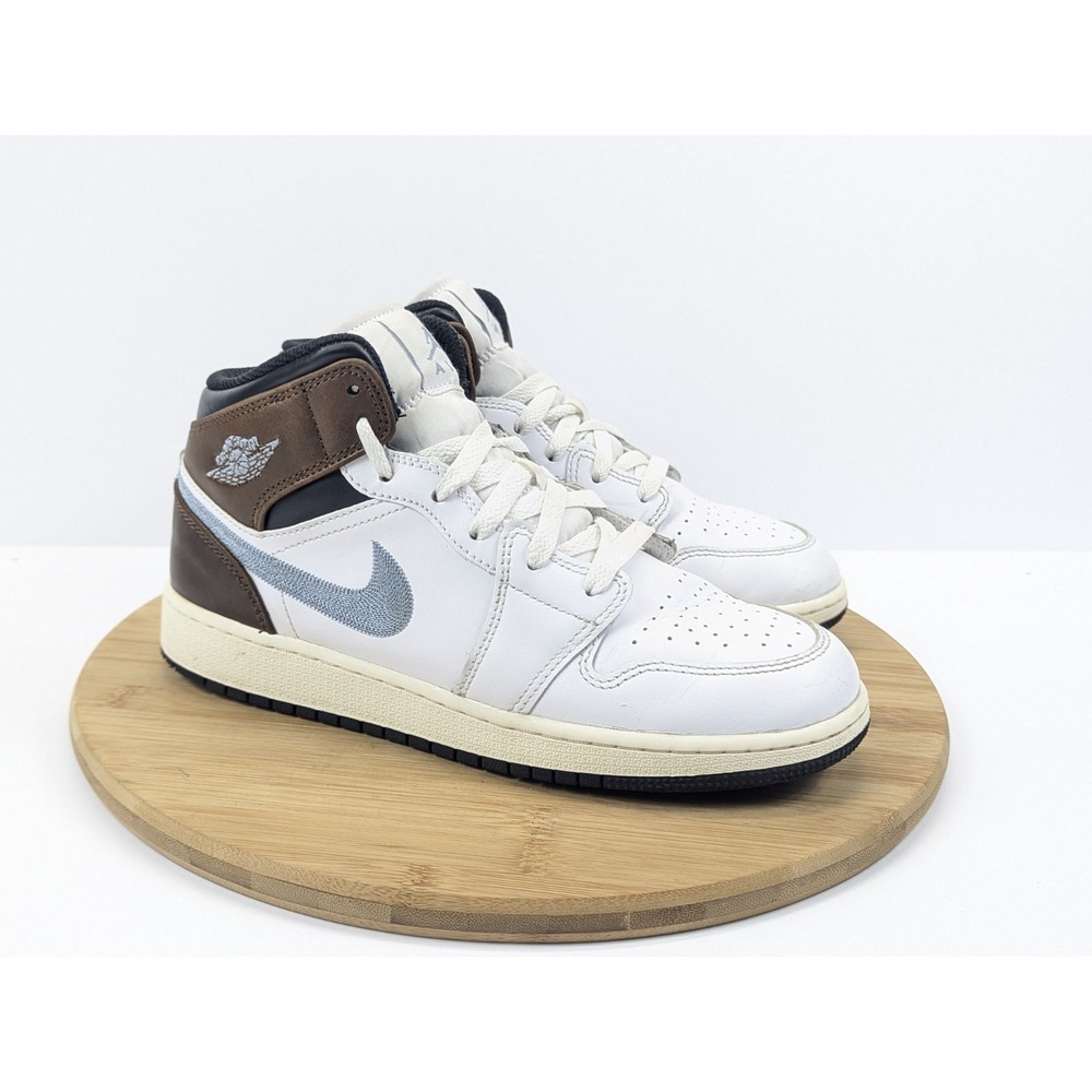 Nike Jordan 1 Mid Shoes GS Mens 7Y White Brown Sneakers Basketball